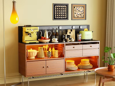 Modern Wooden Sideboard with Coffee Machine Teapot Storage Dishes and Yellow Pendant Light 3d model