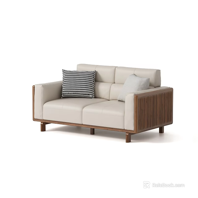 Modern Beige Leather Two-Seater Sofa With Walnut Wood Armrests And Light Gray Checkered Pillows 3d model 