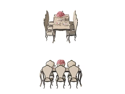 Elegant Dining Table Set With Stylish Chairs And Pink Floral Centerpiece 3d model