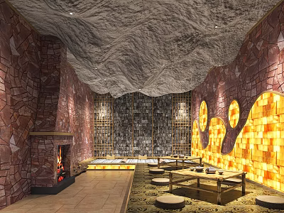 Luxury SPA Sauna Interior Featuring Stone Walls Fireplace Seating And Warm Ambient Lighting 3d model