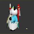 Panda Character In Traditional Blue Costume With Red Horned Hat And Spear Weapon