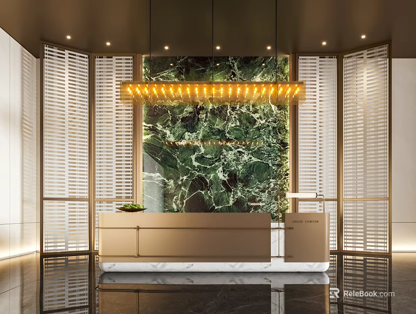 Modern Reception Desk Design With Green Marble Backdrop Golden Pendant Light And Elegant Slatted Panels 3d model 