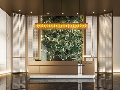 Modern Reception Desk Design With Green Marble Backdrop Golden Pendant Light And Elegant Slatted Panels 3d model