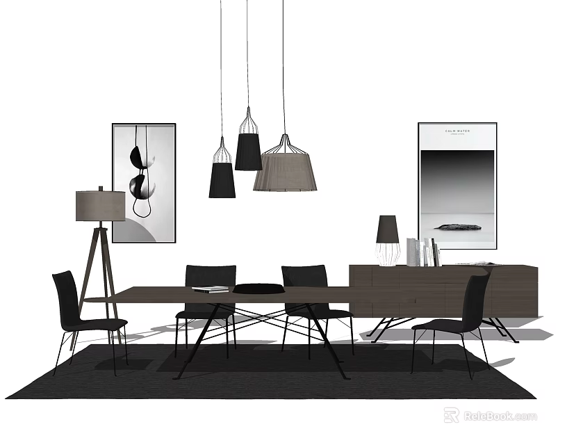 Modern Dining Table Set With Chairs Pendant Lights Cabinet Floor Lamp And Wall Art 3d model 