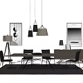 Modern Dining Table Set With Chairs Pendant Lights Cabinet Floor Lamp And Wall Art