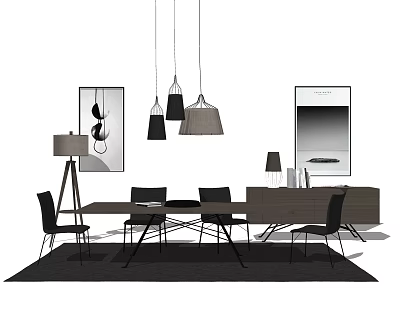 Modern Dining Table Set With Chairs Pendant Lights Cabinet Floor Lamp And Wall Art 3d model