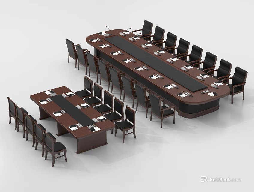 Office Conference Table With Multiple Black Chairs Wooden Tabletop And Rectangular Design 3d model