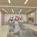Bright Spacious Cultural Center Interior With Wooden Ceiling Bookshelves Tables And Chairs