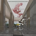 Modern Hotel Lobby Interior With Large Red Art Chandelier And Spiral Staircase