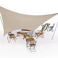 Beige Shade Sail Covering Outdoor Patio With Wooden Tables Chairs And Sofa