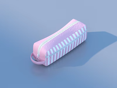 Cute Pink White Striped Pencil Case With Zipper On Blue Background 3d model
