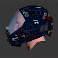 Futuristic Blue Helmet With Transparent Visor And Red Mechanical Accents