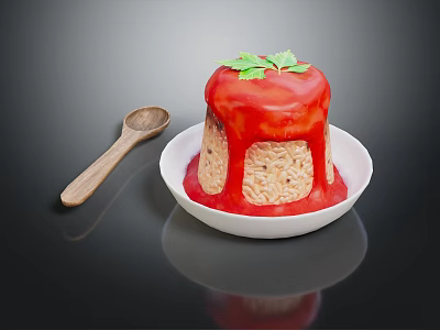 Delicious Pudding Dessert in White Bowl with Red Drizzling Sauce Green Parsley and Wooden Spoon 3d model