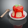 Delicious Pudding Dessert in White Bowl with Red Drizzling Sauce Green Parsley and Wooden Spoon