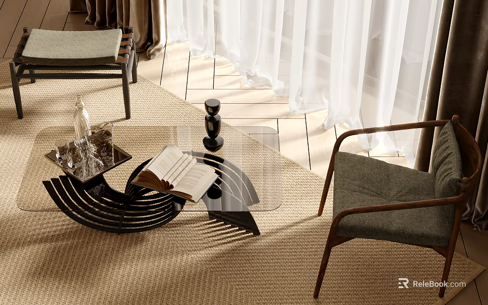 Modern Transparent Glass Top Coffee Table With Black Metal Base Gray Armchair And Beige Rug 3d model 