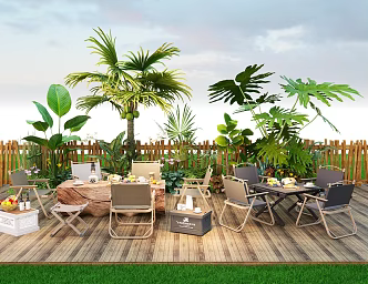 Camping Folding Table and Chair Wooden Table Meichen Wooden Table Meichen Fence Green Plant Combination 3d model