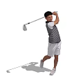 Man Swinging Golf Club in Action with Striped Shirt and White Shorts