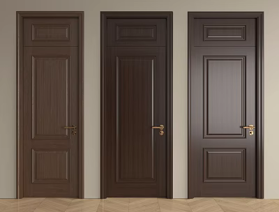 Three Dark Brown Wooden Hinged Doors With Various Panel Designs And Golden Handles 3d model