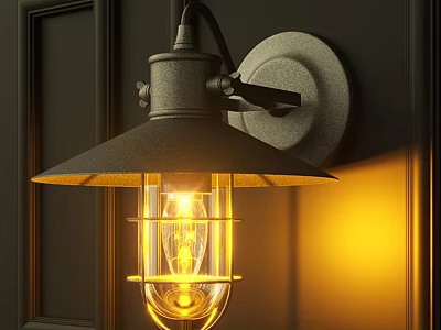 Industrial Metal Wall Sconce with Caged Shade and Warm Yellow Light 3d model