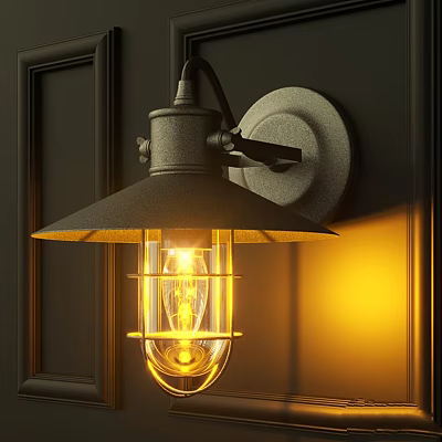 Industrial Metal Wall Sconce with Caged Shade and Warm Yellow Light 3d model