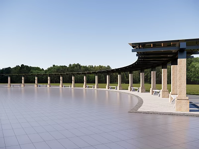 Pergola in Open Square with Tiled Floor Columns Benches and Green Trees Under Blue Sky 3d model