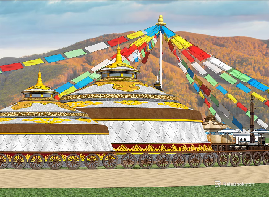 Colorful Prayer Flags Over Ornate Traditional Yurts Against Autumn Mountain Landscape 3d model 