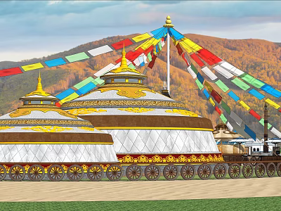 Colorful Prayer Flags Over Ornate Traditional Yurts Against Autumn Mountain Landscape 3d model