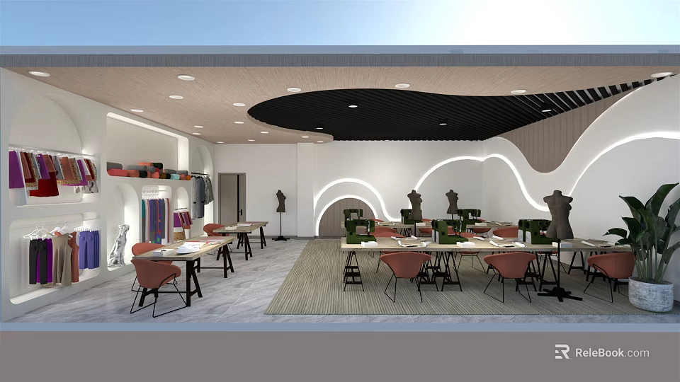 Modern Public Office Space Interior With Open Layout Desks And Curved Lighting 3d model