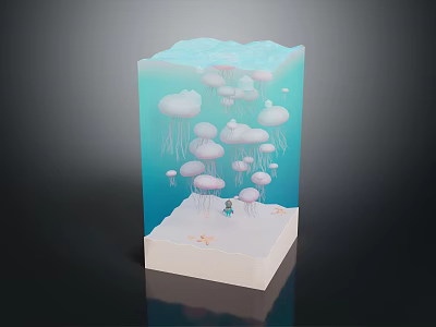 Pink And White Jellyfish Aquatic Animals Floating In Transparent Cube Underwater Scene 3d model
