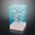 Pink And White Jellyfish Aquatic Animals Floating In Transparent Cube Underwater Scene