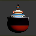 Colorful Wooden Boat with Orange Deck Blue Upper Structure Red Hull Lifesaver and Flag Mast