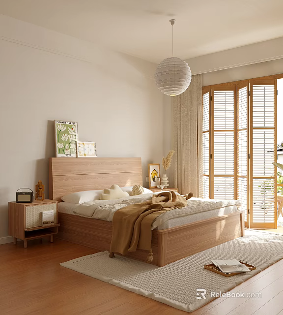 Modern Wooden Bedroom Interior With Bed Frame Headboard Nightstand Paintings And Pendant Light 3d model 
