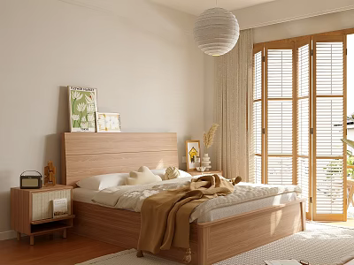 Modern Wooden Bedroom Interior With Bed Frame Headboard Nightstand Paintings And Pendant Light 3d model