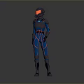 Futuristic Scifi Astronaut In Blue And Red Striped Spacesuit With Helmet