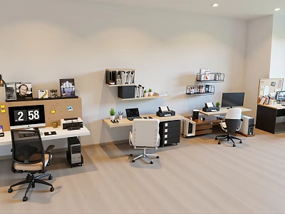 Office Desk and Chair Sets in Modern Workspace with Computer Monitors Shelves and Green Plants 3d model