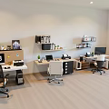 Office Desk and Chair Sets in Modern Workspace with Computer Monitors Shelves and Green Plants