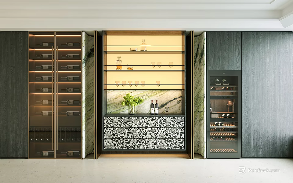 Luxurious Modern Wine Cabinet With Multi Tiered Racks Lighting Marble Accents And Drawers 3d model 