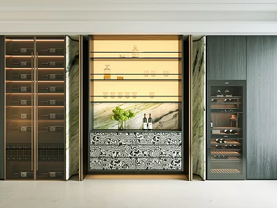 Luxurious Modern Wine Cabinet With Multi Tiered Racks Lighting Marble Accents And Drawers 3d model