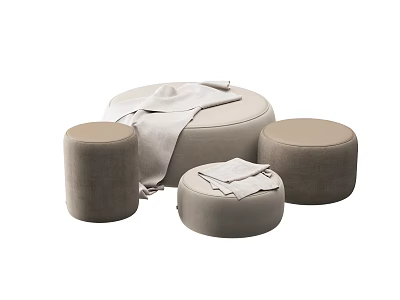 Modern Beige Velvet Ottoman Set with Soft Blanket and Cozy Design Elements 3d model