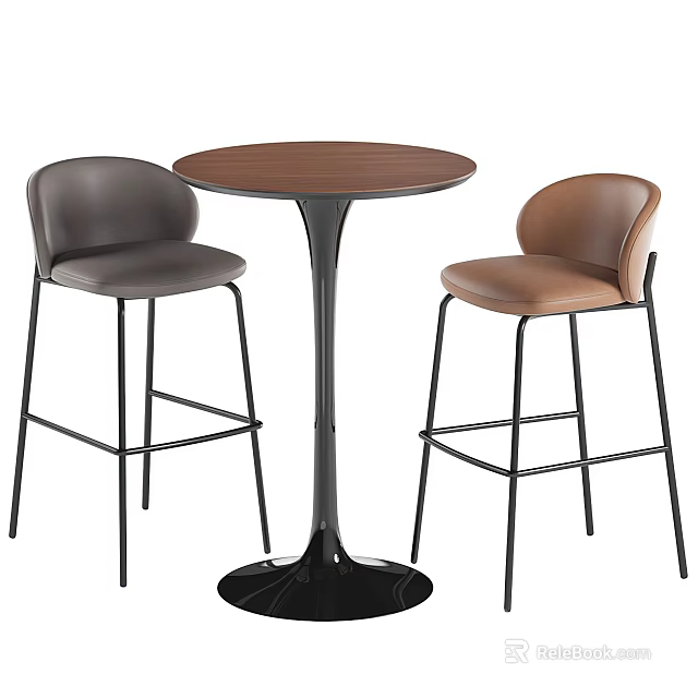 Round Brown Bar Table With Black Base And Gray Brown Curved Backrest Metal Stools 3d model