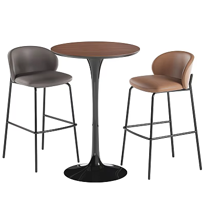 Round Brown Bar Table With Black Base And Gray Brown Curved Backrest Metal Stools 3d model