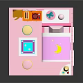 Pink Dollhouse Room Interior With Bed Wardrobe Desk Chair And Windows