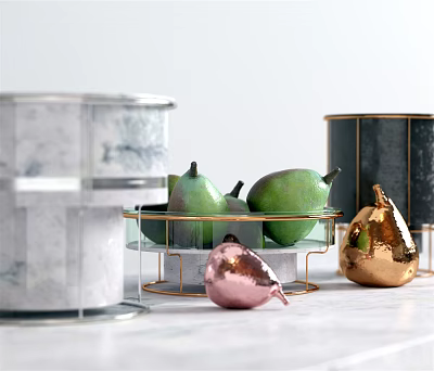 Elegant Ceramic Vessels with Marble Texture and Gold Accents on Kitchen Counter with Fresh Fruits 3d model