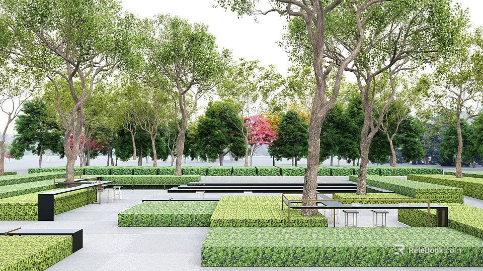 Landscape Feature Wall Design With Trees Hedges Benches And Paved Ground 3d model 
