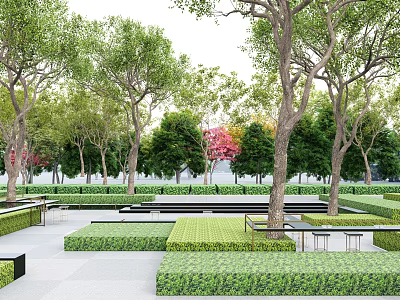 Landscape Feature Wall Design With Trees Hedges Benches And Paved Ground 3d model