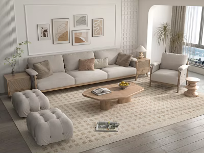Modern Light Gray Sofa And Coffee Table Set With Wooden Frame Decorative Art Potted Plant 3d model
