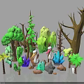 3D Cartoon Forest Scene With Various Plants White Birds And Colorful Stones