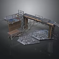 Industrial Platform Structure With Metal Frame Wooden Planks And Gravel Ground