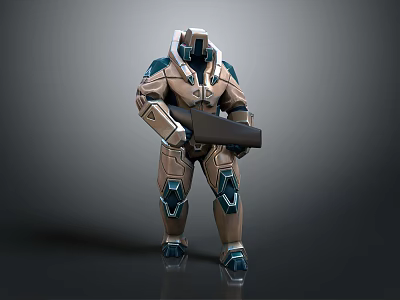 Futuristic Sci Fi Game Movie Character with Beige Blue Armor Holding Large Weapon 3d model