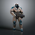 Futuristic Sci Fi Game Movie Character with Beige Blue Armor Holding Large Weapon